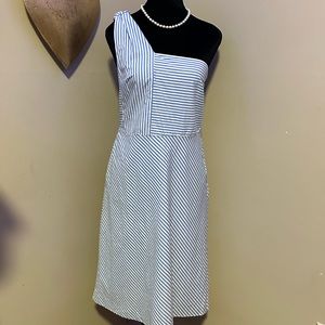 EUC SZ 6 Banana Republic Blue & White Stripe One Shoulder Dress